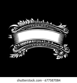 Vector vintage black and white background for inscriptions in the form of a scroll ornamented with baroque ornaments in the style of engraving