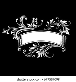 Vector vintage black and white background for inscriptions in the form of a scroll ornamented with baroque ornaments in the style of engraving