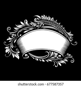 Vector vintage black and white background for inscriptions in the form of a scroll ornamented with baroque ornaments in the style of engraving