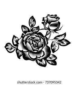 vector vintage black and white branch of roses in the style of engraving