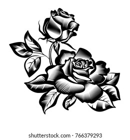 vector vintage black and white branch of roses in the style of engraving