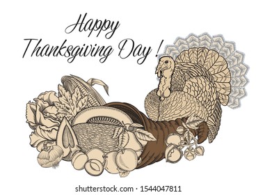 Vector vintage black and white picture illustration cornucopia, vegetables, fruits. Thanksgiving day October holiday greeting card. Art Horn of plenty  with harvest and turkey in sketch outline style.