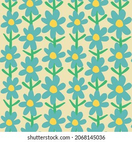 Vector vintage blue flowers field. Childlike drawing great for kids fashion, textiles such as bedding, pillow throw, throw blankets and accessories.