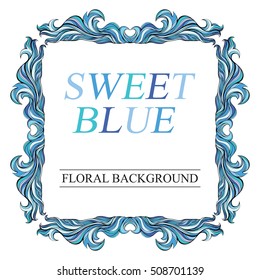 Vector vintage blue frame with place for text. Decorative invitation with swirls for wedding, marriage, birthday, anniversary, Valentine's day. Sea theme. Classic blue, color of the year 2020.