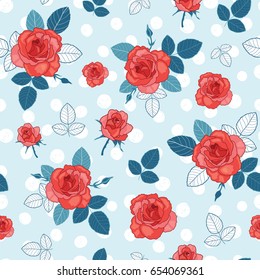 Vector vintage blue, red, and white roses and leaves on polka dot background seamless repeat pattern. Great for retro fabric, wallpaper, scrapbooking projects. Surface pattern design.