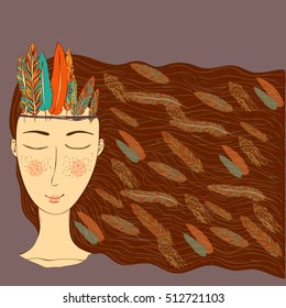 Vector vintage boho stylized image of a young girl with feathers and dream catchers in her hair. Vintage, boho, eclectic themes, design element, fashion illustration, female and girlish goods.