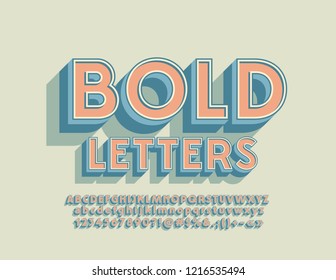 Vector Vintage Bold Alphabet Letters, Numbers and Symbols. Retro Stylish bright 3D Font.
