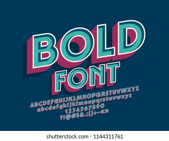 Vector Vintage Bold Font. Set of Retro 3D Letters, Numbers and Symbols