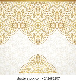 Vector vintage border in Eastern style. Ornate element for design. Ornamental floral illustration for wedding invitations and greeting cards. Traditional golden decor on scroll work background.