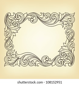 Vector vintage border frame engraving with retro ornament pattern in antique rococo style decorative design