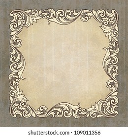 Moldura de borda vintage de vetor gravura em fundo grunge com padrão de ornamento retrô em cartão de convite de design decorativo de estilo barroco antigo