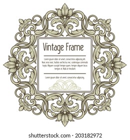 Vector vintage border frame engraving with retro ornament pattern in antique rococo style