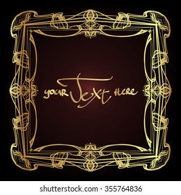 Vector vintage border frame  in gold over black, with text template. Design with copy space for your text. T-shirt print, wedding invitation,scrapbooking.