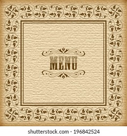 Vector vintage border frame at grunge textured old paper background with decorative pattern in antique baroque style, text box between dividers, retro style menu calligraphic lettering