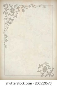 Vector vintage border frame at grunge textured old paper background with decorative pattern in antique baroque style