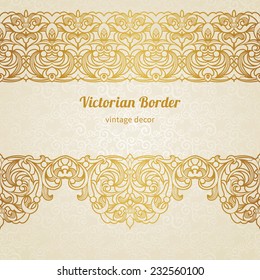 Vector vintage border in Victorian style. Ornate element for design. Ornamental floral pattern for wedding invitations, greeting cards. Traditional golden decor on scroll work background.