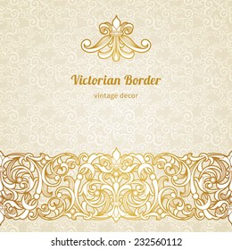 Vector vintage border in Victorian style. Ornate element for design. Ornamental floral pattern for wedding invitations, greeting cards. Traditional golden decor on scroll work background.