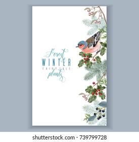 Vector Vintage Border With Winter Forest Branches And Bird. Highly Detailed Winter Design For Christmas Greeting Card, Party Invitation, Holiday Sales. Can Be Used For Poster, Web Page, Packaging