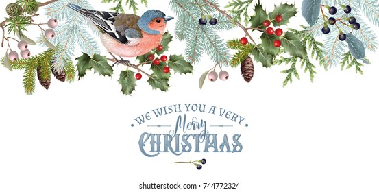 Vector vintage border with winter forest branches and bird. Highly detailed winter design for Christmas greeting card, party invitation, holiday sales. Can be used for poster, web page, packaging