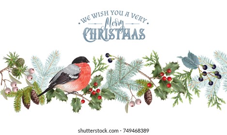 Vector Vintage Border With Winter Forest Branches And Bullfinch. Highly Detailed Winter Design For Christmas Greeting Card, Party Invitation, Holiday Sales. Can Be Used For Poster, Web Page, Packaging