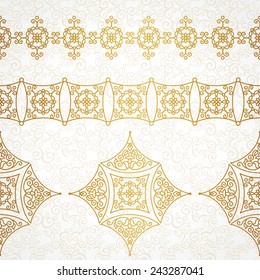 Vector vintage borders in Eastern style. Ornate element for design and place for text. Ornamental floral illustration for wedding invitations and greeting cards. Traditional golden decor.