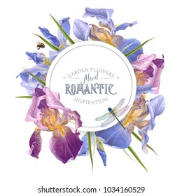 Vector vintage botanical banner with iris flowers and dragonfly on white. Floral design for natural cosmetics, perfume,women products. Can be used as greeting card,wedding invitation,summer background