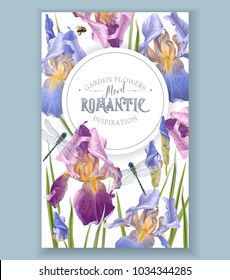 Vector vintage botanical banner with iris flowers and dragonfly on white. Floral design for natural cosmetics, perfume,women products. Can be used as greeting card,wedding invitation,spring background