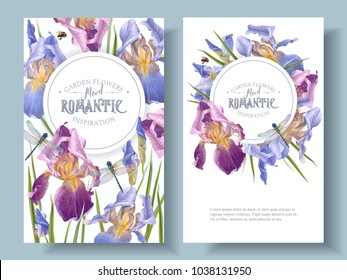 Vector vintage botanical banners with iris flowers and dragonfly on white. Floral design for natural cosmetics, perfume,women products.Can be used as greeting card,wedding invitation,summer background