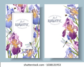 Vector vintage botanical banners with iris flower and dragonfly on white. Floral design for natural cosmetics, perfume,women products. Can be used as greeting card,wedding invitation,summer background
