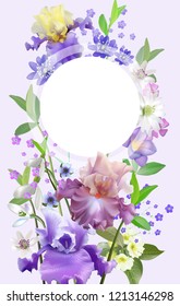 Vector vintage botanical banners with iris and spring blue flower on white. Floral design for natural cosmetics, perfume,women products. Can be used as greeting card,wedding invitation,summer backgrou