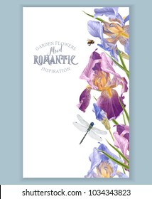 Vector vintage botanical border with iris flowers and dragonfly on white. Floral design for natural cosmetics, perfume,women products. Can be used as greeting card,wedding invitation,summer background