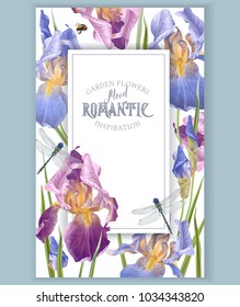 Vector vintage botanical frame with iris flowers and dragonfly on white. Floral design for natural cosmetics, perfume,women products. Can be used as greeting card,wedding invitation,spring background