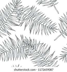 Vector vintage botanical seamless pattern with palm leaves in engraving style. Hand drawn texture with tropical plant branches isolated on white. Floral background. Sketch of natural element