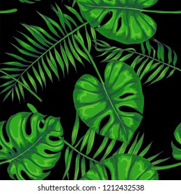 Vector vintage botanical seamless pattern with palm leaves in engraving style. Hand drawn color texture with tropical plant branches. Floral background. Sketch of natural element