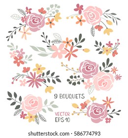 Vector vintage bouquets of flowers set in gentle colors, pink roses, peonies with green leaves and branches
