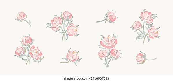 Vector Vintage Bouquets of Pink Roses Set. Rose Flower Shabby Chic Collection. Flowers and Leaves. Millefleurs Liberty Style Design.