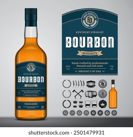 Vector vintage bourbon whiskey label. Bourbon whiskey glass bottle mockup and design elements