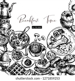 Vector vintage breakfast objects, food top view,  hand drawn illustrations