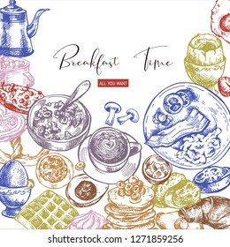 Vector vintage breakfast objects, food top view,  hand drawn illustrations
