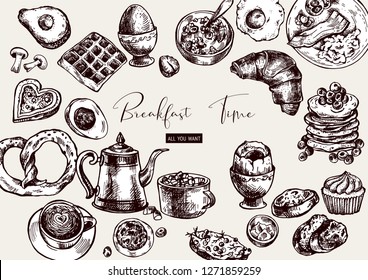 Vector vintage breakfast objects, food top view,  hand drawn illustrations