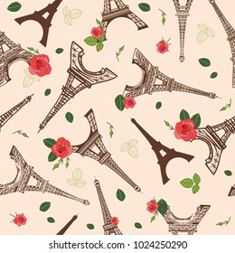 Vector Vintage Brown Eifel Tower Paris and Roses Flowers Seamless Repeat Pattern Surrounded By St Valentines Day Red Roses. Perfect for travel themed postcards, greeting cards, wedding invitations.