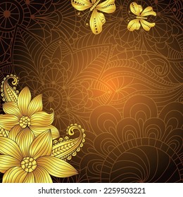 Vector vintage brown frame with  golden flowers and butterflies and place for the text