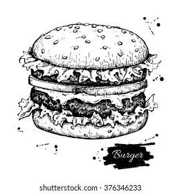 Vector vintage burger drawing. Hand drawn monochrome fast food illustration. Great for menu, poster or label.