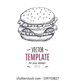 Vector vintage burger drawing. Hand drawn monochrome fast food illustration. Great for menu, poster or label.