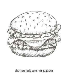 Vector vintage burger drawing. Hand drawn monochrome fast food illustration. Great for menu, poster or label.