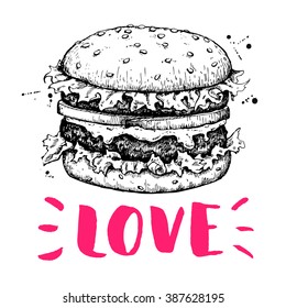 Vector vintage burger label. Hand drawn monochrome fast food illustration. Great for logo element, poster, icon, sticker or label.