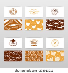 Vector Vintage Business Card Design Template With Tasty Cakes, Pancakes, Bread, Pastry And Etc.