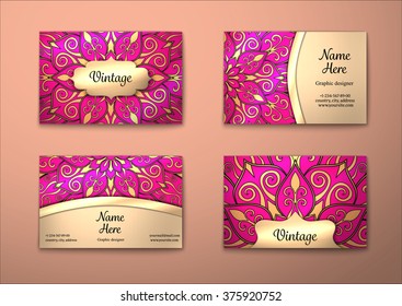 Vector vintage business card set. Floral mandala pattern and ornaments. Oriental design Layout. Islam, Arabic, Indian, ottoman motifs. Front page and back page. Business card template. Visiting card.