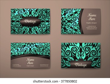 Vector vintage business card set. Floral mandala pattern and ornaments. Oriental design Layout. Islam, Arabic, Indian, ottoman motifs. Front page and back page. Business card template. Visiting card