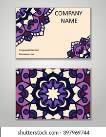 Vector vintage business card set. Beauty designs. Floral mandala pattern and ornaments. Front page and back page.